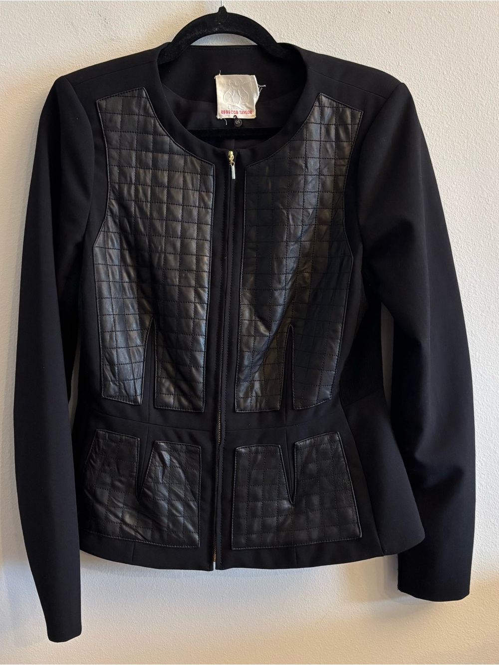 Rebecca Taylor Jacket Womens 10 Black Lamb Leather Moto Blazer Full Zip Wool